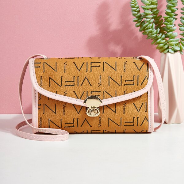 

Letter Graphic Turn-Lock Crossbody Bag, Brown