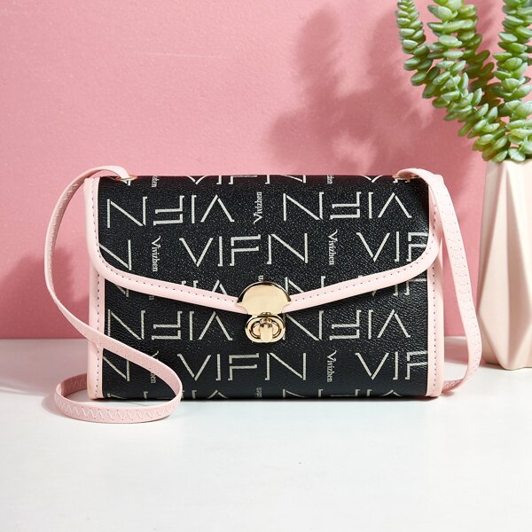 

Letter Graphic Turn-Lock Crossbody Bag, Black