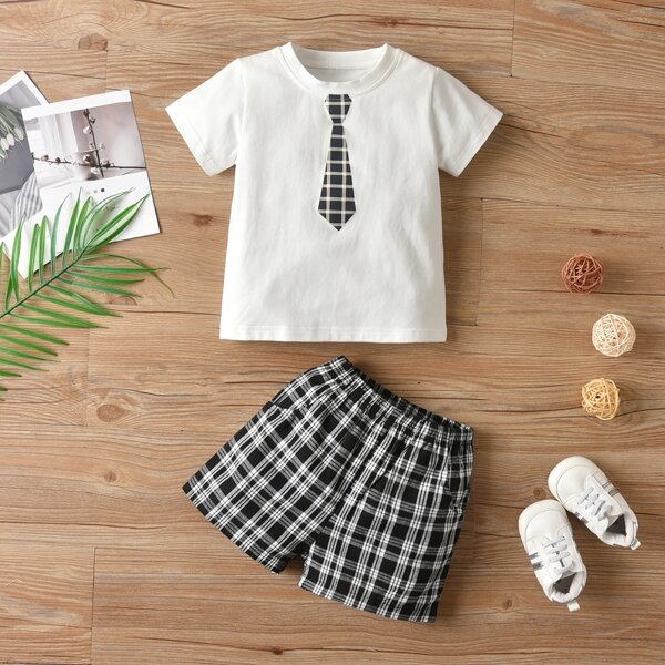 

Baby Boy Tie Print Tee With Plaid Shorts, Black and white