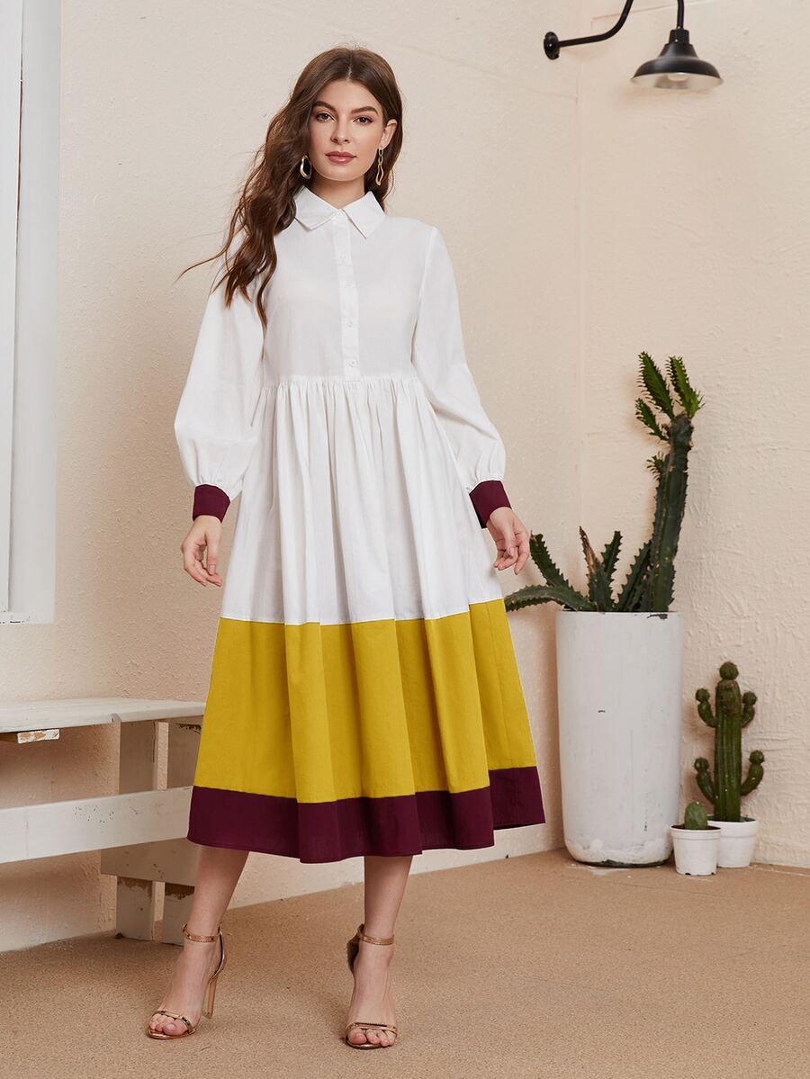 SHEIN Unity 燈籠袖拼色連衣裙 - 彩色 - 查看 1