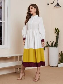 SHEIN Unity 燈籠袖拼色連衣裙 - 彩色 - 查看 3