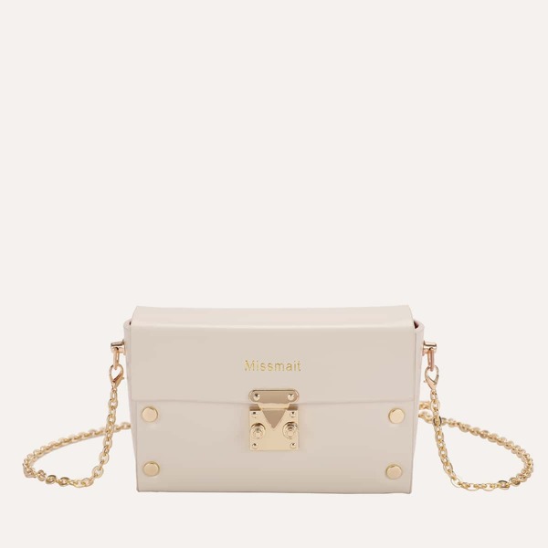 

Studded Decor Flap Chain Bag, Beige