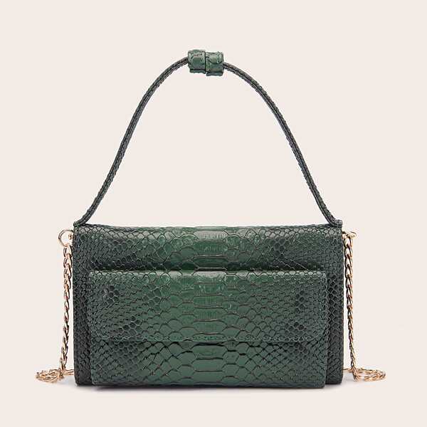 

Snakeskin Print Pocket Front Chain Bag, Green