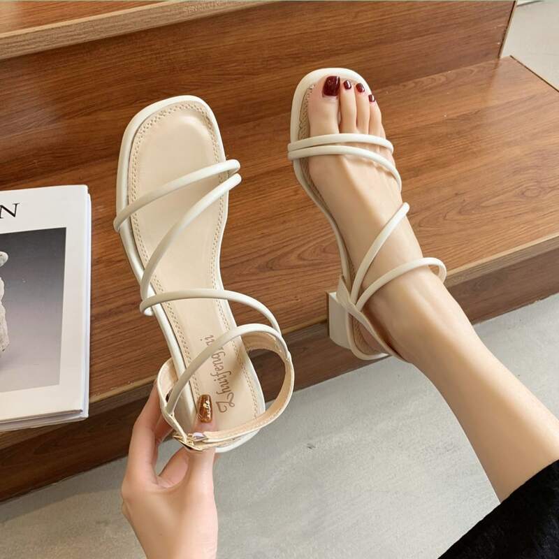 

Strappy Chunky Heeled Sandals, Beige