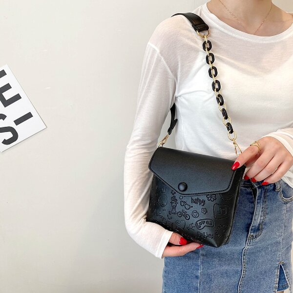 

Cartoon Embossed Flap Shoulder Bag, Black
