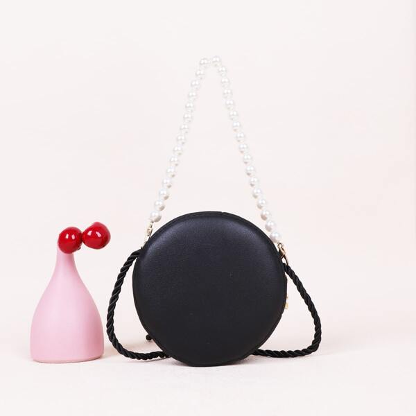 

Girls Faux Pearl Handle Circle Bag, Black