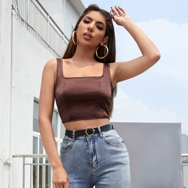 

Solid Square Neck Zipper Back Tank Top, Chocolate brown