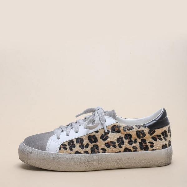 

Leopard Lace-up Front Low-top Sneakers, Grey
