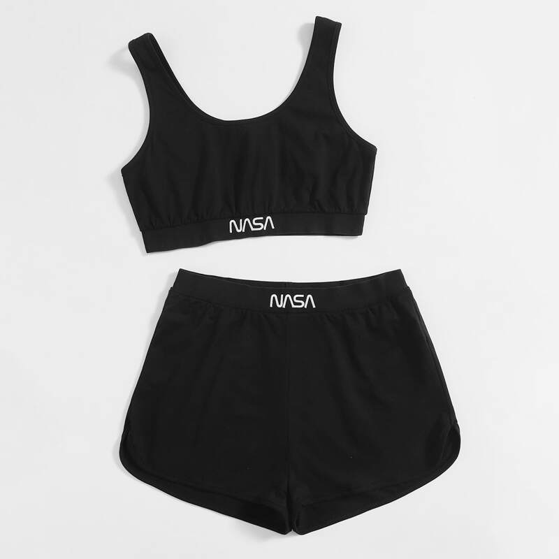 

Letter Embroidery Tank Top & Track Shorts, Black
