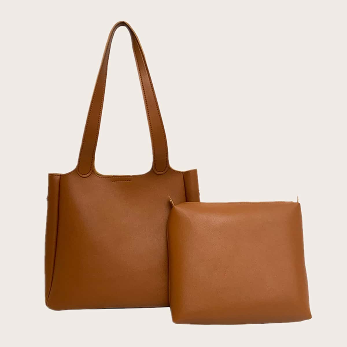 

Solid Tote Bag With Inner Pouch, Brown