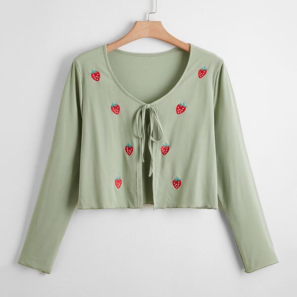 

Plus Strawberry Embroidery Tie Front Top, Mint green