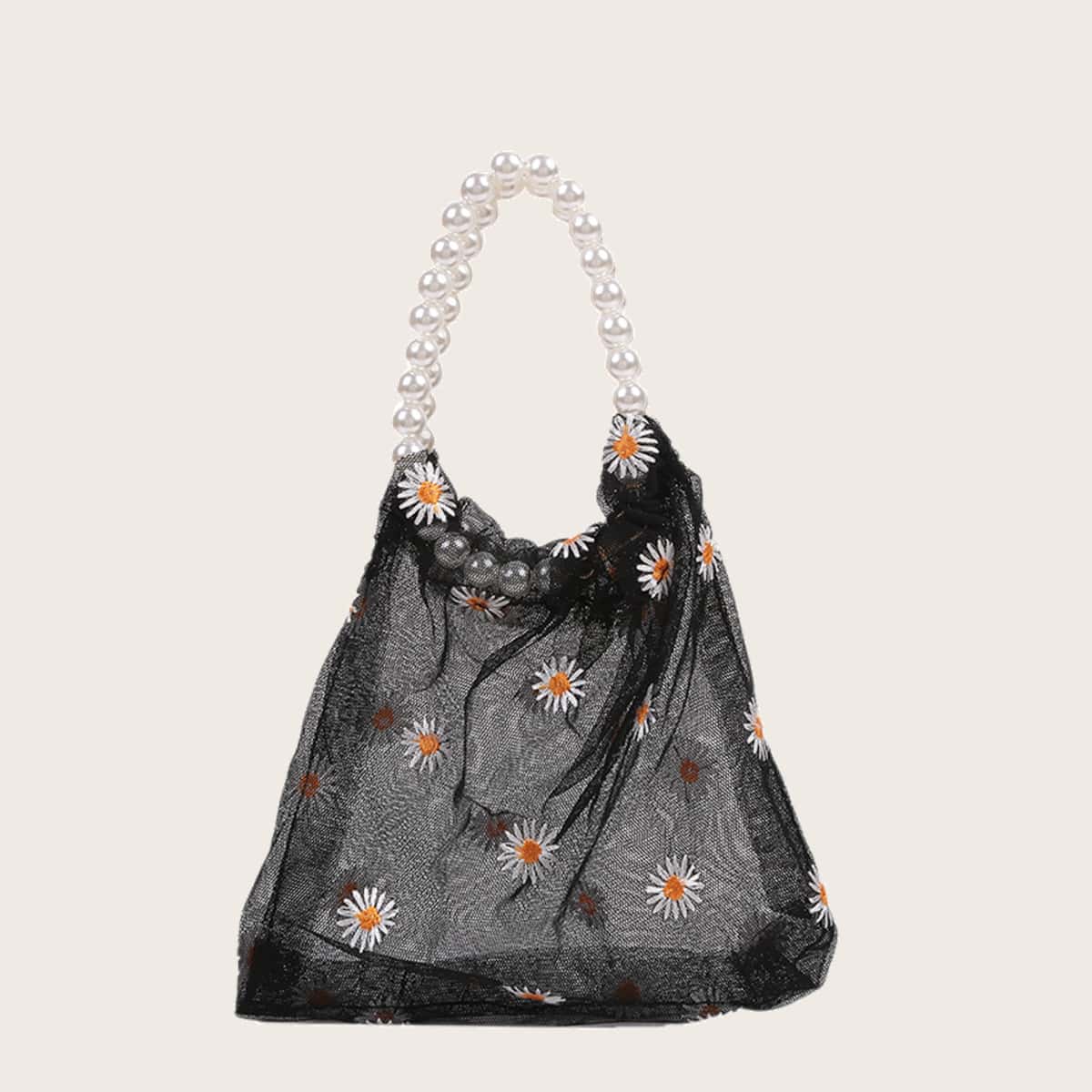 

Daisy Faux Pearl Handle Mesh Bag, Black
