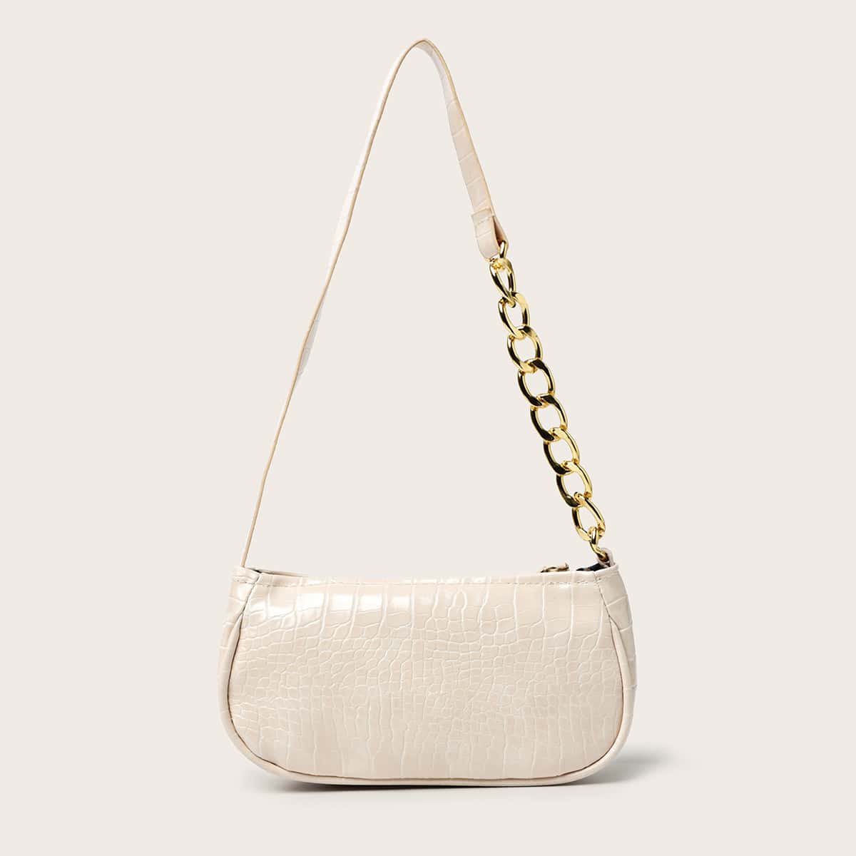 

Croc Embossed Chain Baguette Bag, Beige