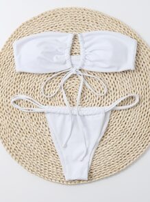 Cross Halter Thong Bikini Set Summer Beach - White - View 3
