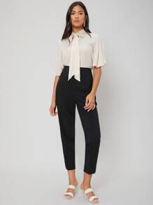 SHEIN Quần Dây kéo màu trơn Thanh lịch - màu đen - Xem 4