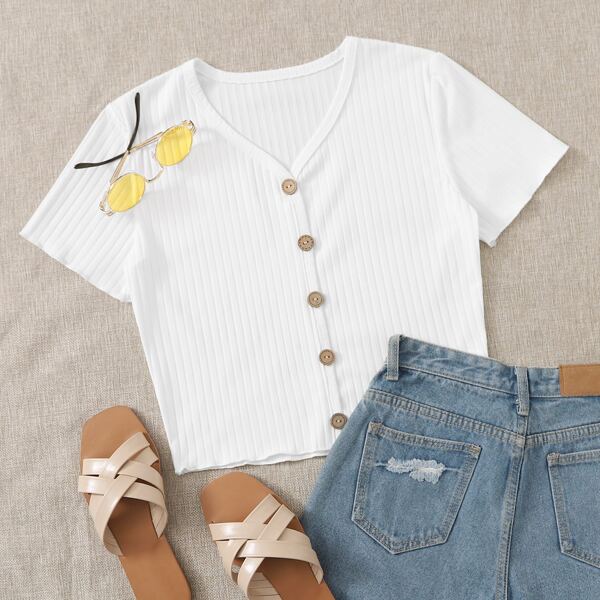 

Plus V-neck Button Front Top, White