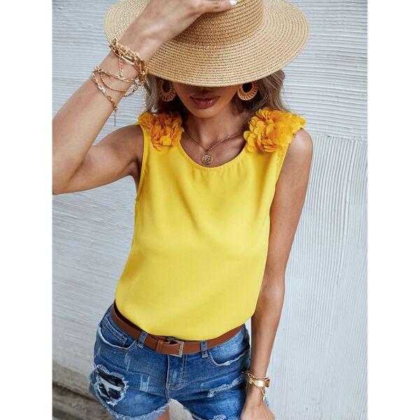 

Appliques Shoulder Button Keyhole Blouse, Yellow