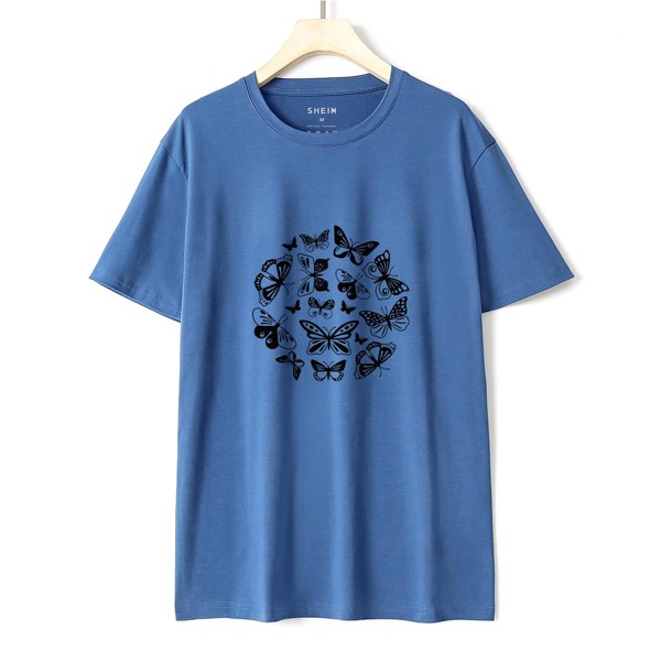 

Butterfly Print Drop Shoulder Tee, Blue