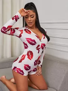 Lip Print Pyjama Onesie - Red and White - View 1