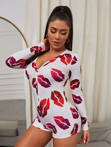Lip Print Pyjama Onesie - Red and White - View 4
