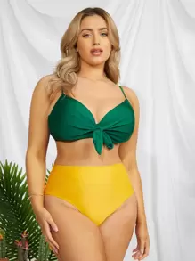 大碼前結飾聚攏比基尼泳裝上衣 - 綠色 - 查看 1