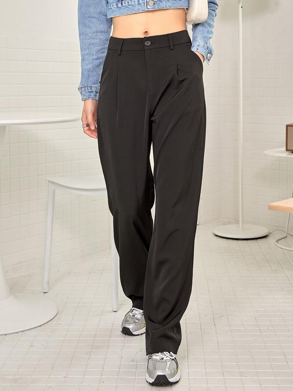 Slant Pocket Solid Tailored Pants
