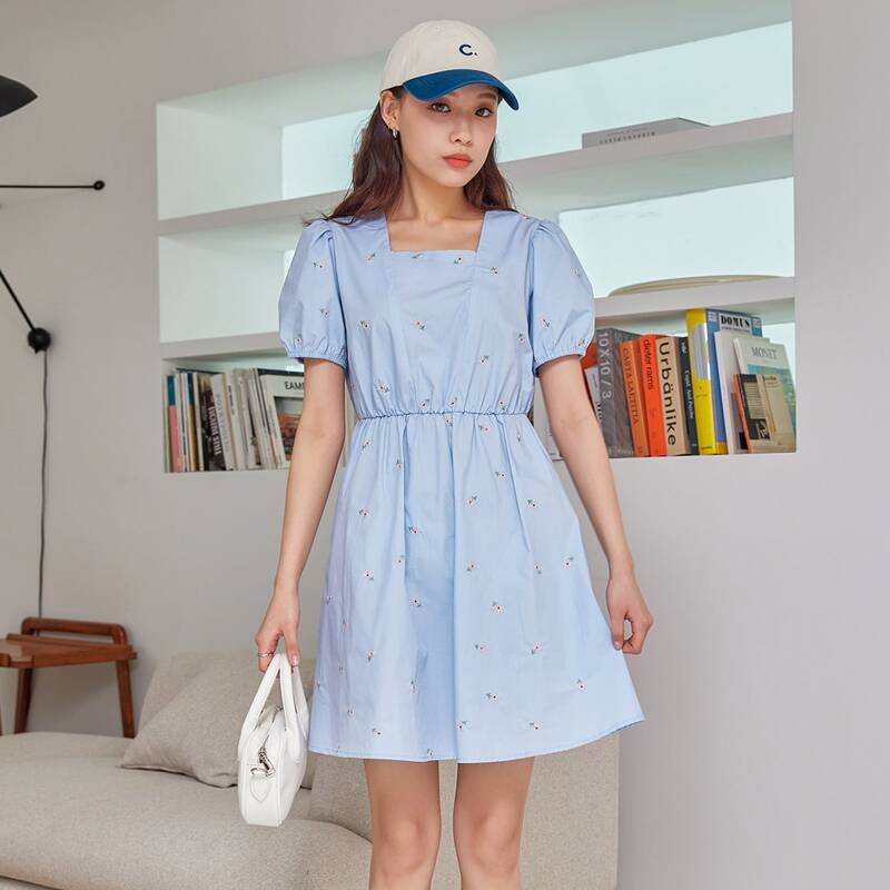 

Puff Sleeve Square Neck Floral Embroidery Dress, Blue