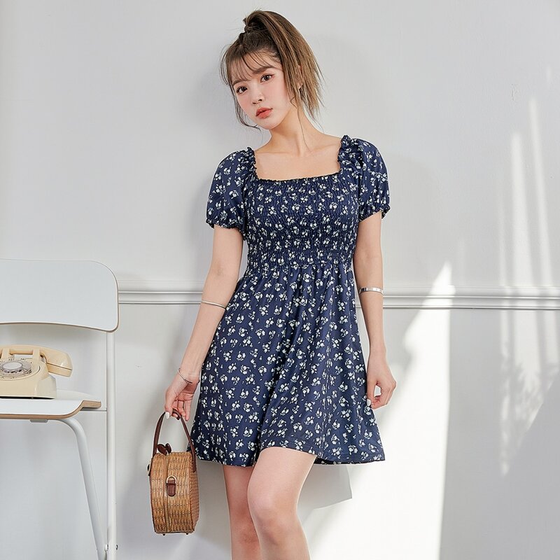 

Floral Print Shirred Bodice Dress, Navy blue