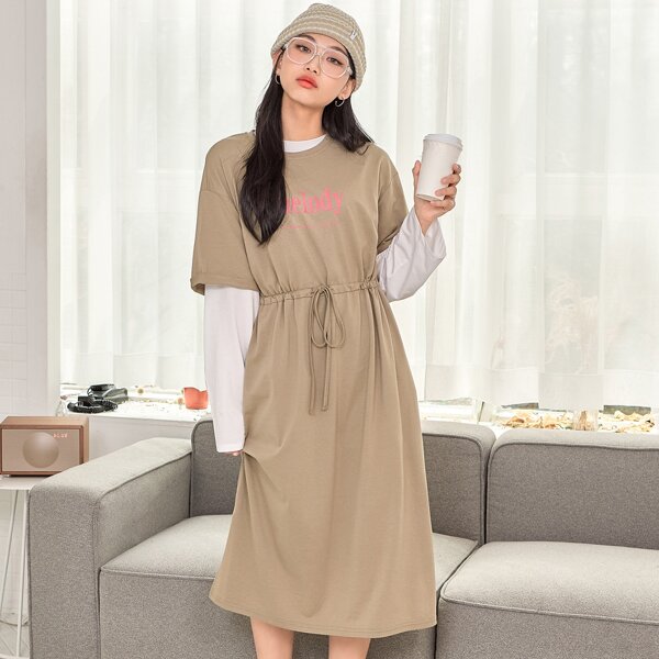 

Letter Graphic Drawstring Waist Dress Without White Tee, Khaki