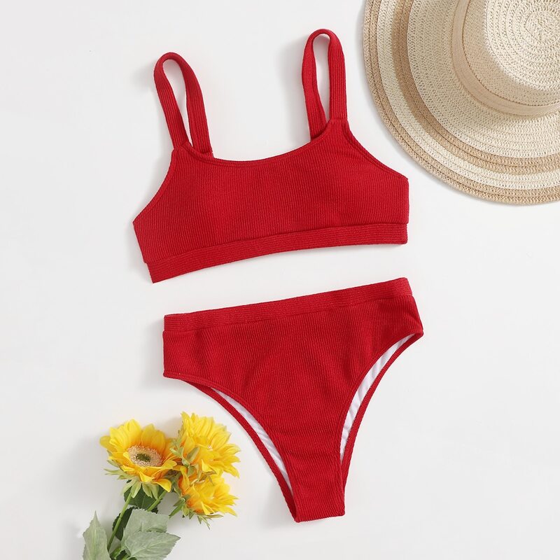 

Plain High Waist Bikini Swimsuit, Red