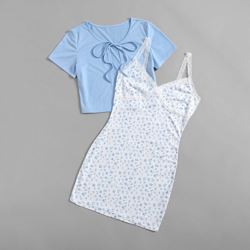 

Contrast Lace Cami Dress & Solid Tie Front Top, Blue and white