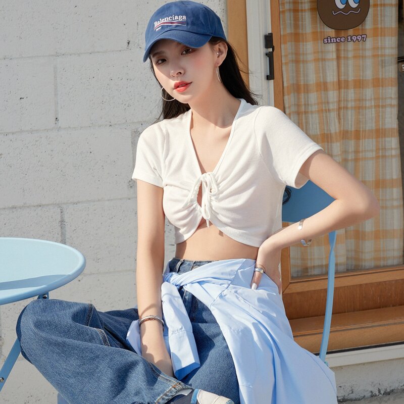 

Drawstring Front Rib-knit Crop Top, White
