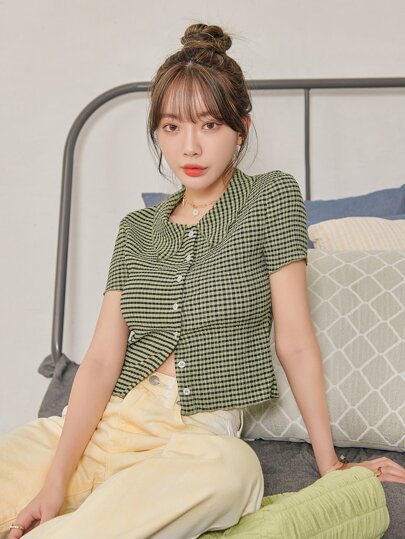 قميص مخطط صيفي بأزرار إغلاق، بلايز قصيرة للنساء