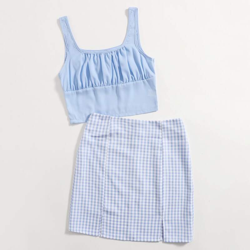 

Solid Ruched Bust Tank Top & Plaid Split Skirt, Blue and white
