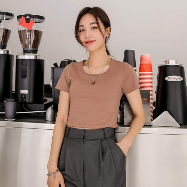

Solid Short Sleeve Crop Tee, Mocha brown