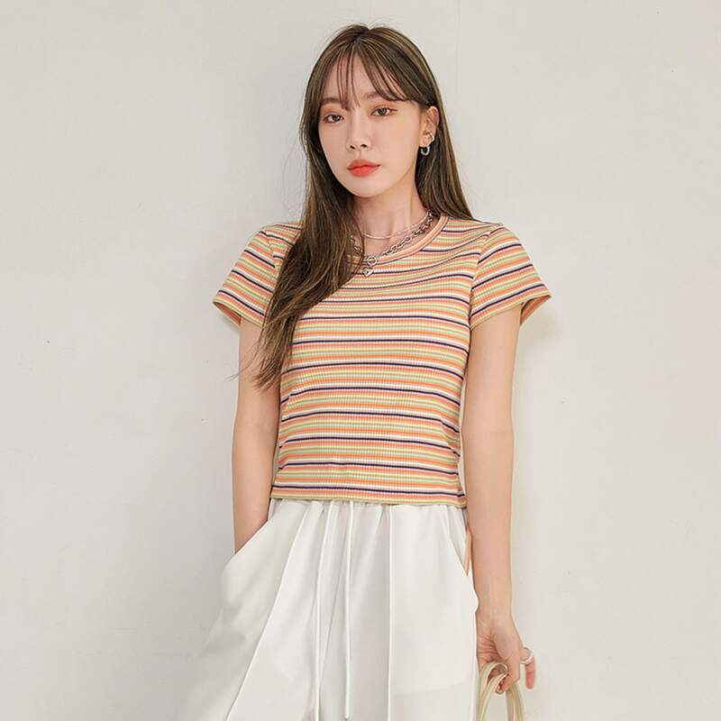 

Striped Print Drawstring Side Tee, Multicolor