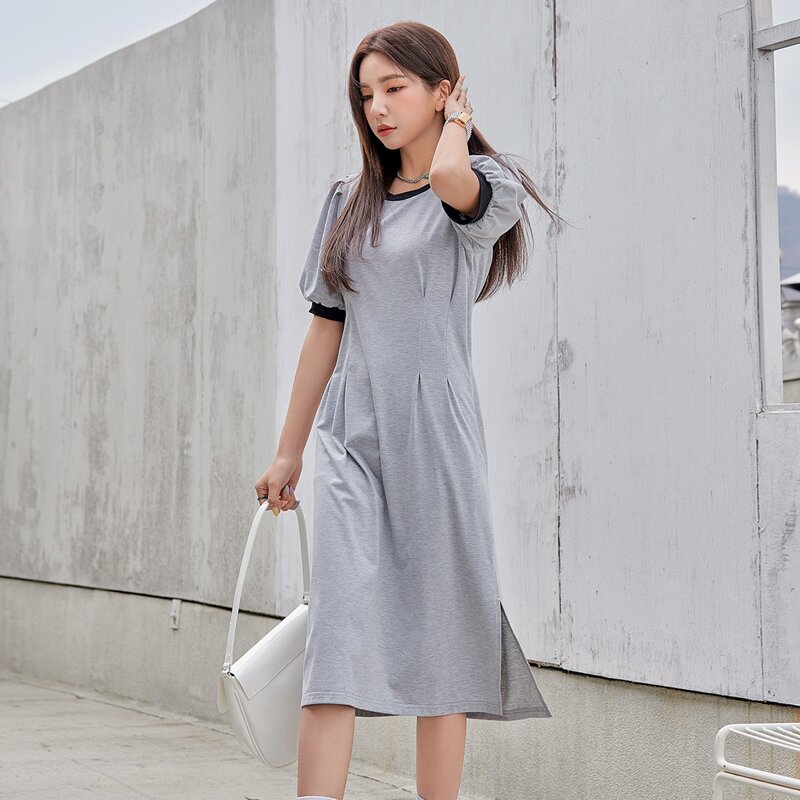 

Contrast Binding Puff Sleeve Dress, Grey