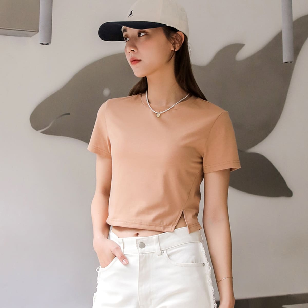 

Slit Hem Solid Crop Tee, Orange