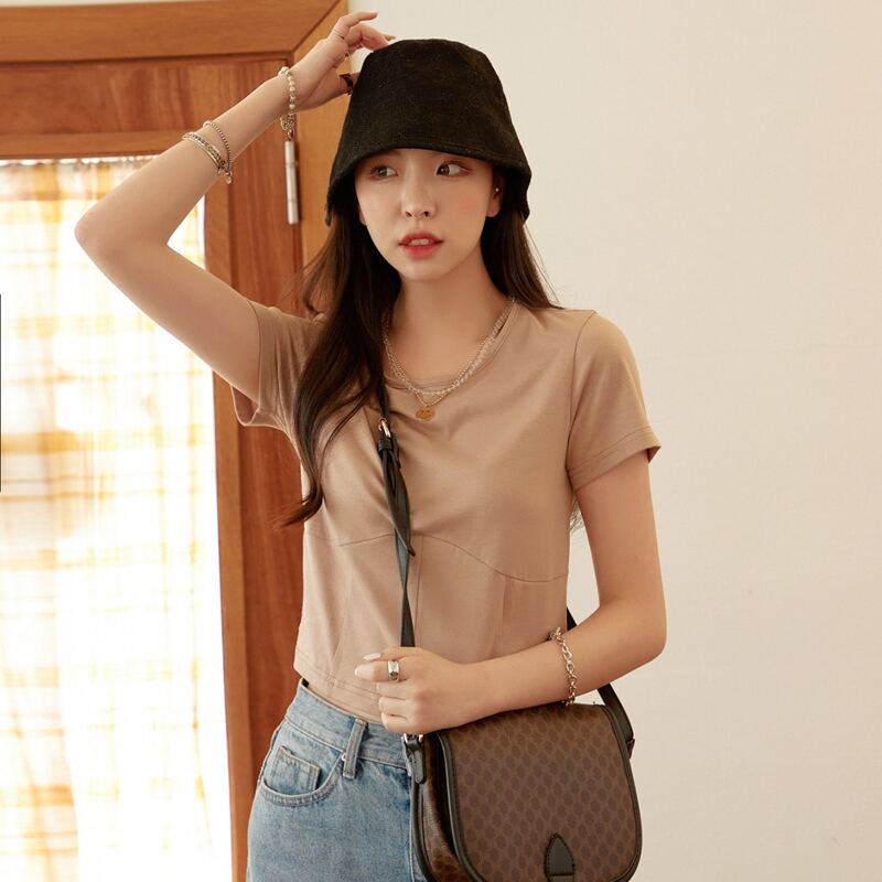 

Solid Short Sleeve Crop Tee, Apricot