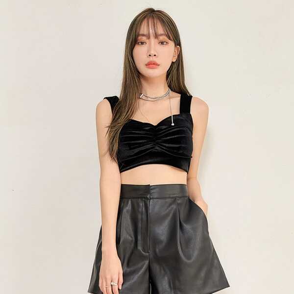 

Velvet Ruched Front Cami Top, Black