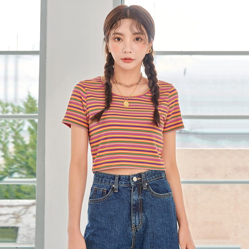 

Rainbow Striped Rib-knit Crop Tee, Multicolor