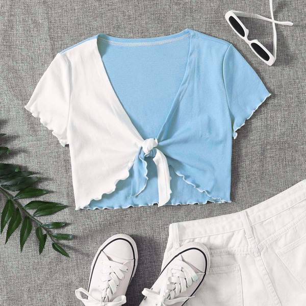 

Two Tone Tie Front Crop Top, Blue and white