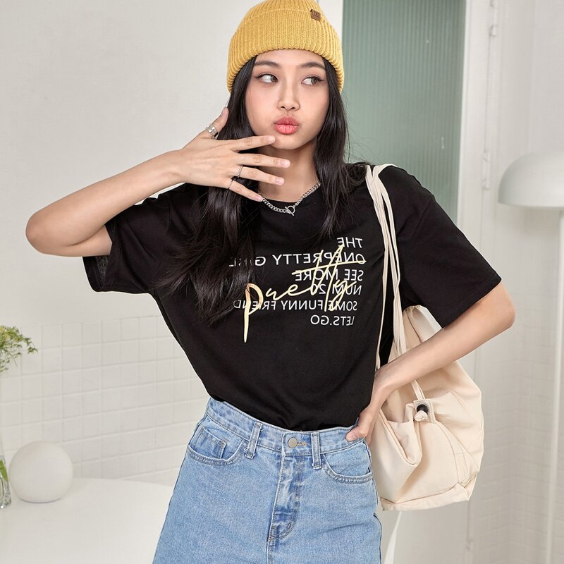 

Slogan Graphic Drop Shoulder Tee, Black