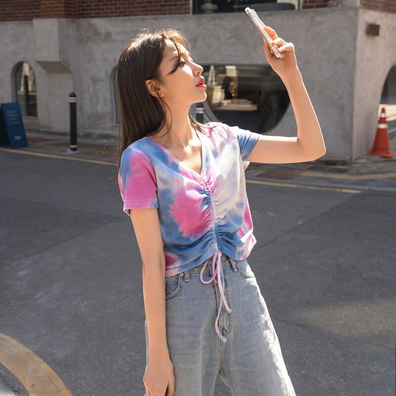 

Tie Dye Drawstring Front Crop Tee, Multicolor