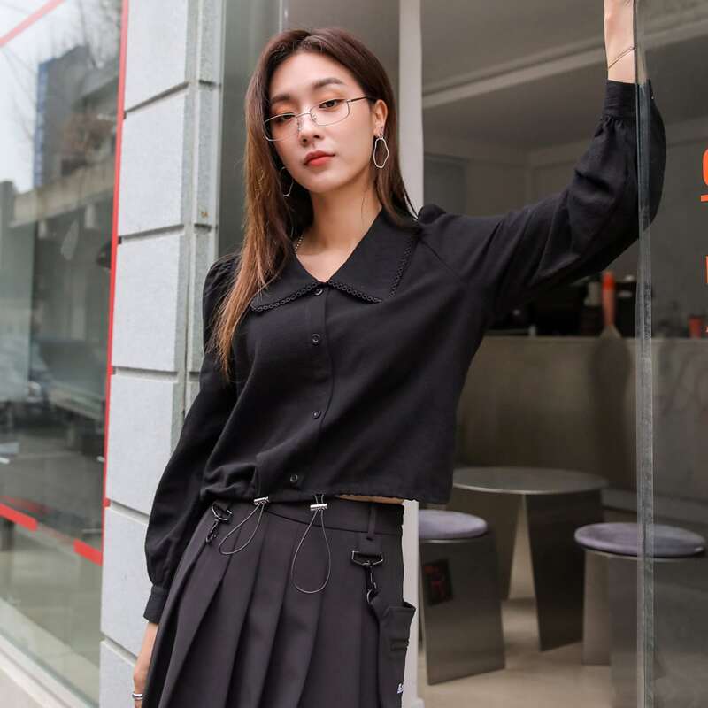 

Solid Puff Sleeve Drawstring Hem Blouse, Black