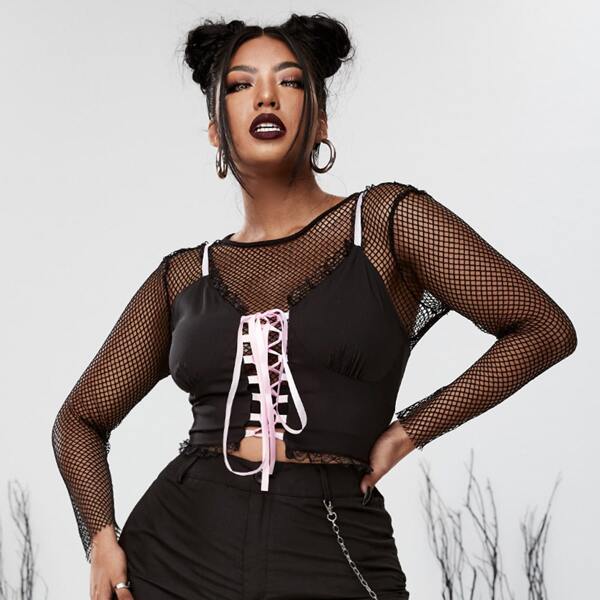 

Plus Lace Up Crop Cami Top Without Fishnet Top, Black