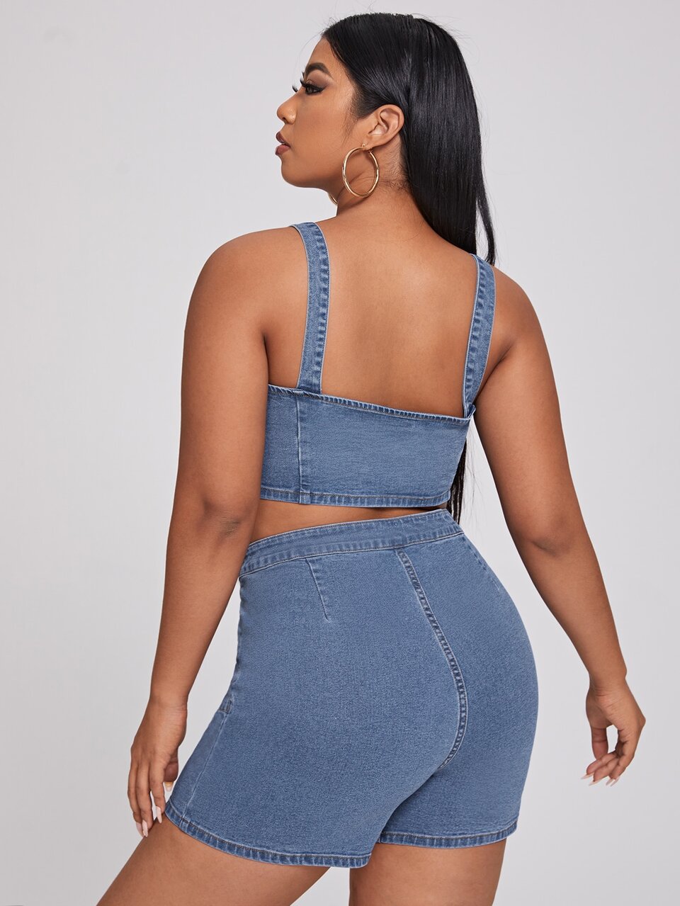 Plus Button Front Denim Top & Patch Pocket Shorts Set