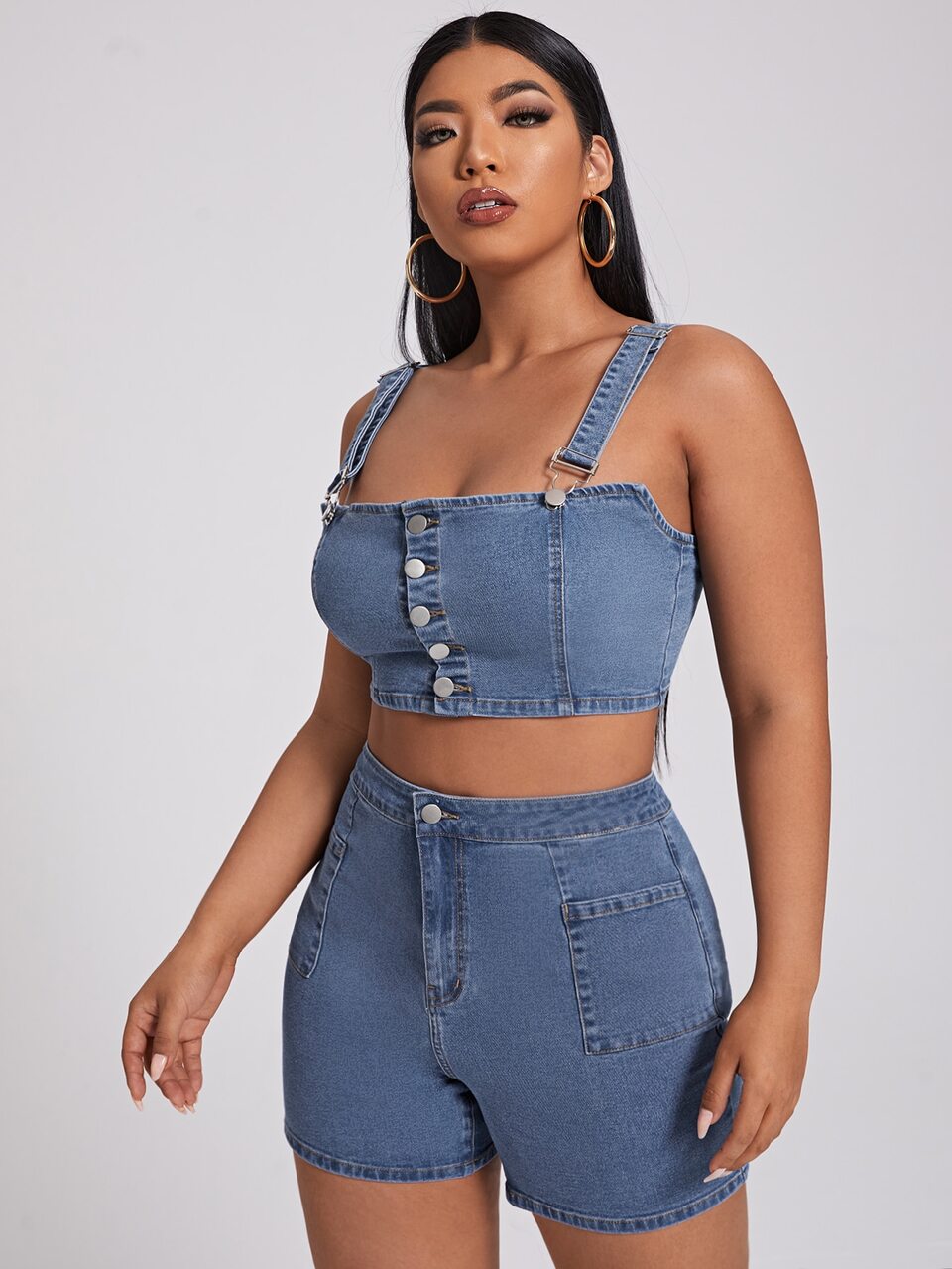 Plus Button Front Denim Top & Patch Pocket Shorts Set