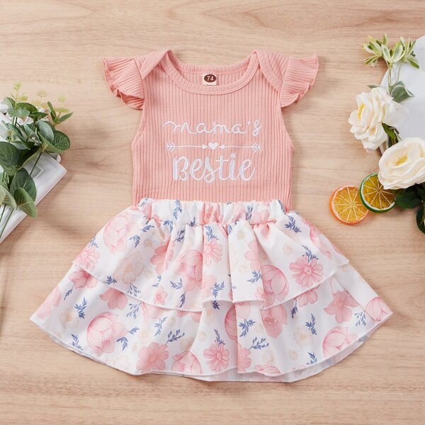 

Baby Girl Ruffle Trim Bodysuit & Floral Skirt, Pink