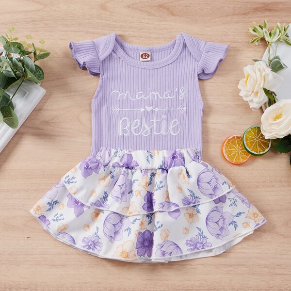 

Baby Girl Ruffle Trim Bodysuit & Floral Skirt, Lilac purple